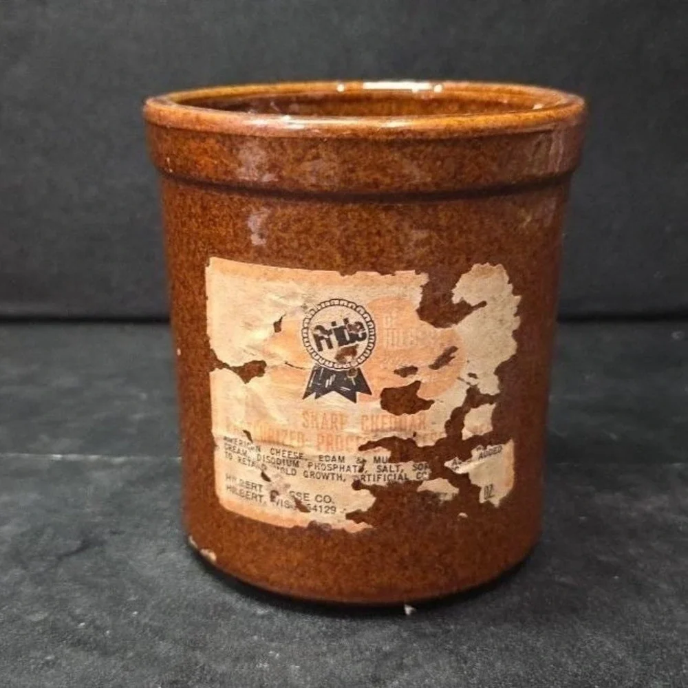Brown Stoneware Cheese Crock, Vintage Ceramic Container Worn Label, Rustic Decor